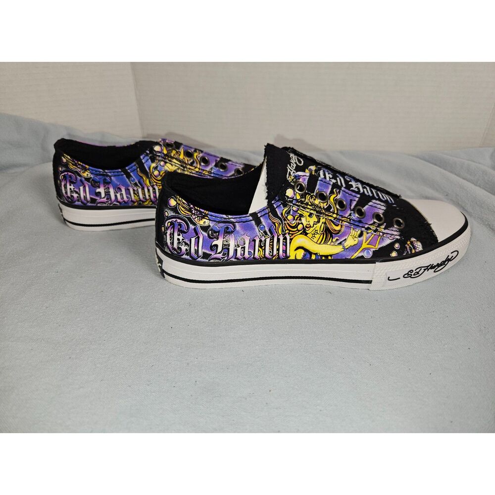 Vintage Ed Hardy Slip On Laceless Canvas Sneakers Purple Geisha Koi Tattoo Y2K - Picture 7 of 7